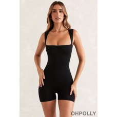 Oh Polly Short Sleeve Square Neck Unitard in Black