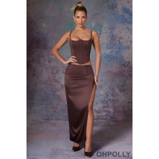 Oh Polly Side Split Satin Maxi Skirt in Brown