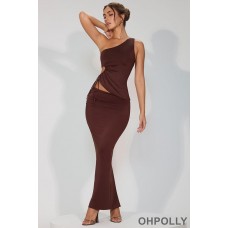 Oh Polly Slinky Jersey Asymmetric Waist Maxi Skirt in Espresso