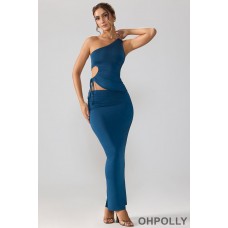 Oh Polly Slinky Jersey Asymmetric Waist Maxi Skirt in Midnight Blue