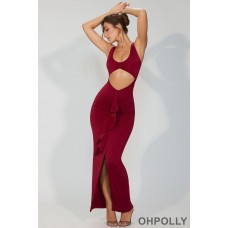 Oh Polly Slinky Jersey Cut Out Ruffle Racerback Maxi Dress in Ruby