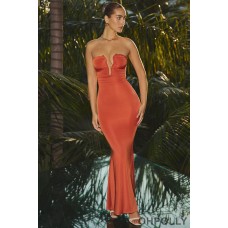 Oh Polly Slinky Jersey Hardware Detail Strapless Maxi Dress in Burnt Orange