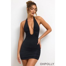 Oh Polly Slinky Jersey Plunge Neck Ruched Mini Dress in Black