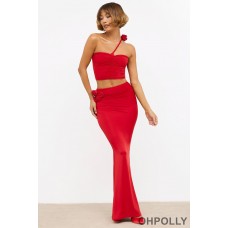 Oh Polly Slinky Jersey Rose Detail Mid-Rise Maxi Skirt in Scarlet Red