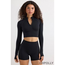 Oh Polly Soft Active Half Zip Crop Top in Black