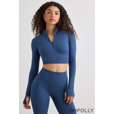 Oh Polly Soft Active Half Zip Crop Top in Washed Navy