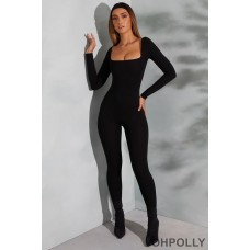 Oh Polly Square Neck Long Sleeve Jumpsuit in Black