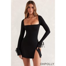 Oh Polly Square Neck Long Sleeve Mini Dress in Black