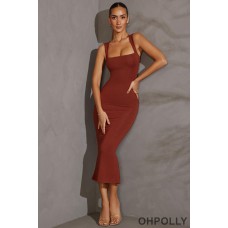 Oh Polly Square Neck Midi Dress in Brick