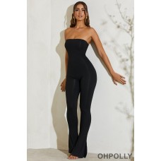 Oh Polly Strapless Flared Hem Jumpsuit in Black