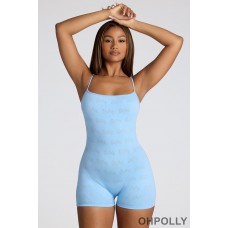 Oh Polly Strappy Low Back Pointelle Romper in Baby Blue