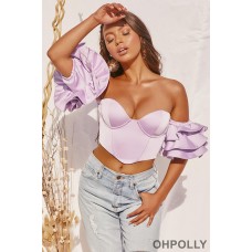 Oh Polly Sweet Bliss Bardot Ruffle Sleeve Crop Top in Lilac