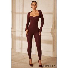 Oh Polly Sweetheart Neckline Long Sleeve Jumpsuit in Brown