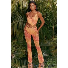 Oh Polly Tall Printed Mesh Flared Trousers in Orange