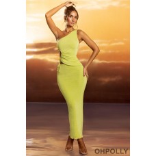 Oh Polly Textured Jersey Low-Rise Maxi Skirt in Lime