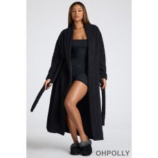 Oh Polly Tie Front Fleece Robe in Black