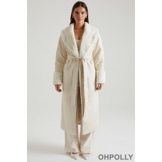 Oh Polly Tie Up Coat with Shearling Collar and Cuffs in Cream