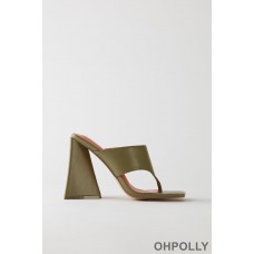 Oh Polly Toe Post Leatherette Mule Heels in Olive