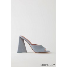 Oh Polly Triangle Heel Linen Mule Heels in Grey