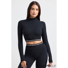 Oh Polly Turtleneck Backless Long-Sleeve Crop Top in Black