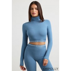 Oh Polly Turtleneck Backless Long-Sleeve Crop Top in Steel Blue