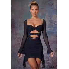 Oh Polly Twist Cut Out Long Sleeve Mini Dress in Midnight Black