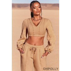 Oh Polly Uncovered Exposed Seam Bardot Crop Top in Beige