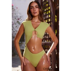 Oh Polly V Neck Cut Out One Piece in Matcha Green