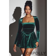 Oh Polly Velvet Long Sleeve Corset Mini Dress in Emerald Green