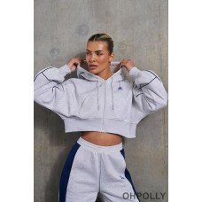 Oh Polly Waffle Lined Cropped Zip Up Hooded Jacket in Heather Grey