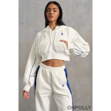 Oh Polly Waffle Lined Cropped Zip Up Hooded Jacket in White