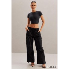 Oh Polly Wide Leg Cargo Trousers in Black