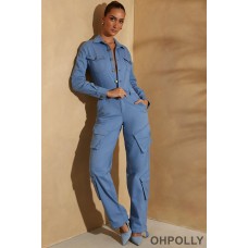 Oh Polly Wide Leg Long Sleeve Cargo Jumpsuit in Dark Blue