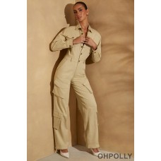 Oh Polly Wide Leg Long Sleeve Cargo Jumpsuit in Sage